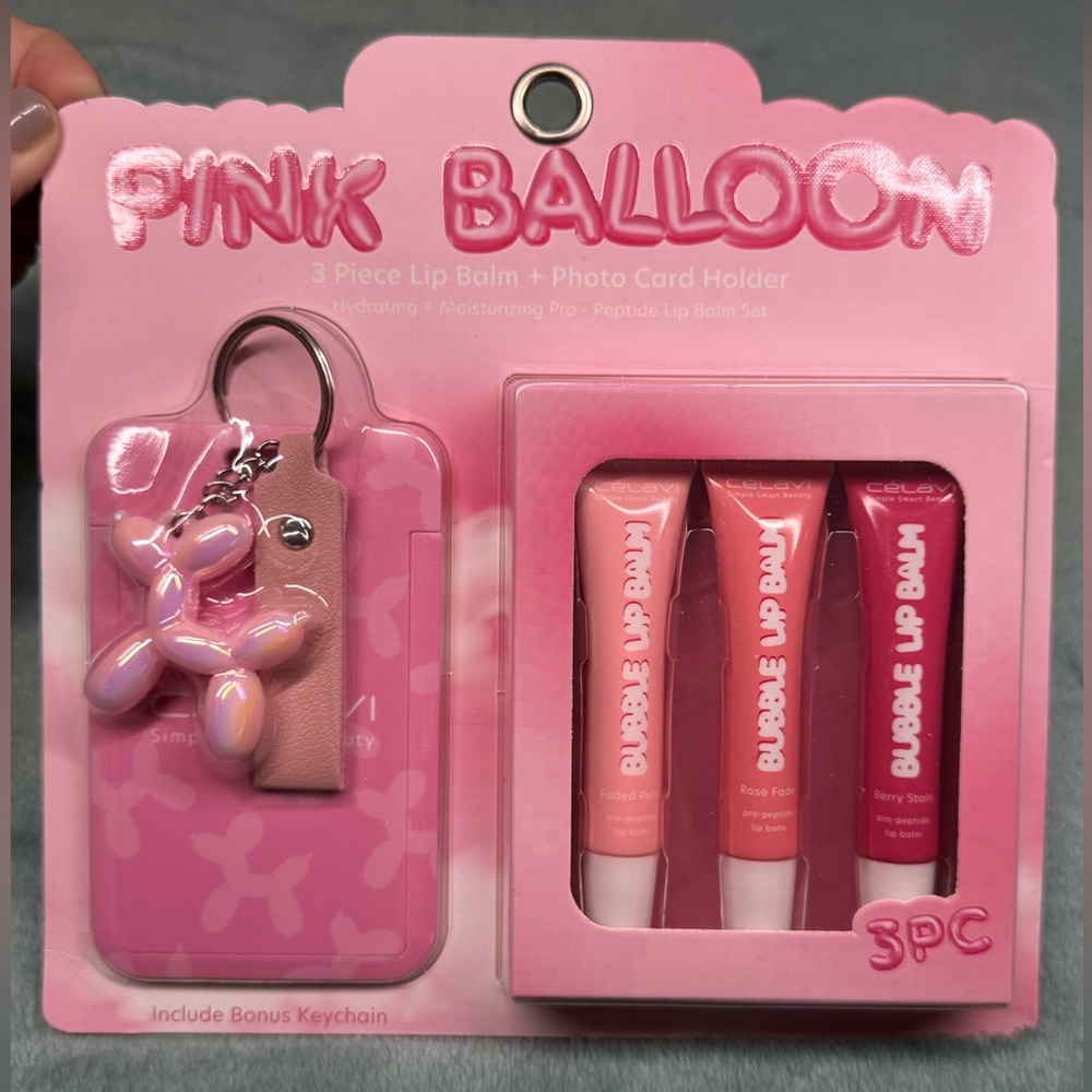 Pink Balloon Dog Keychain and Lip Balm Gift Set New